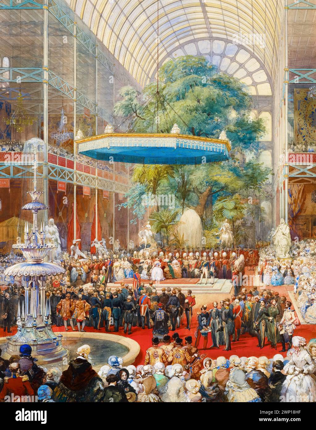 Königin Victoria und Prinz Albert eröffneten die große Ausstellung 1851 bei der Einweihungszeremonie im Crystal Palace, London, England. Aquarellgemälde von Eugène Lami, 1854 Stockfoto