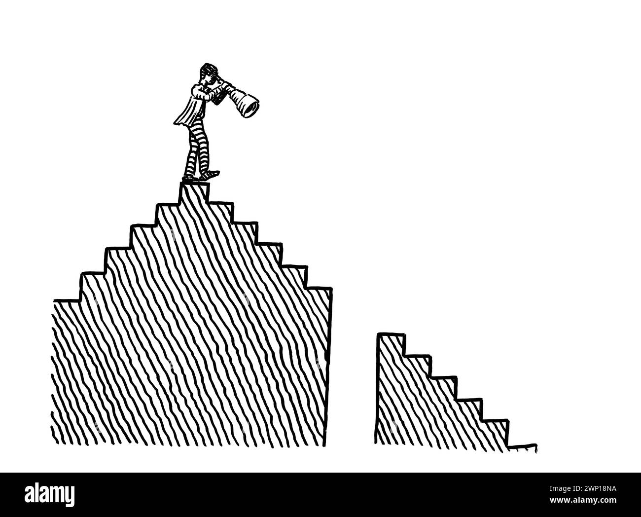 Freihändige Zeichnung eines Geschäftsmannes auf einer Treppe, der Schwierigkeiten auf dem absteigenden Weg vor einer Treppe beobachtet. Metapher für Planin Stockfoto