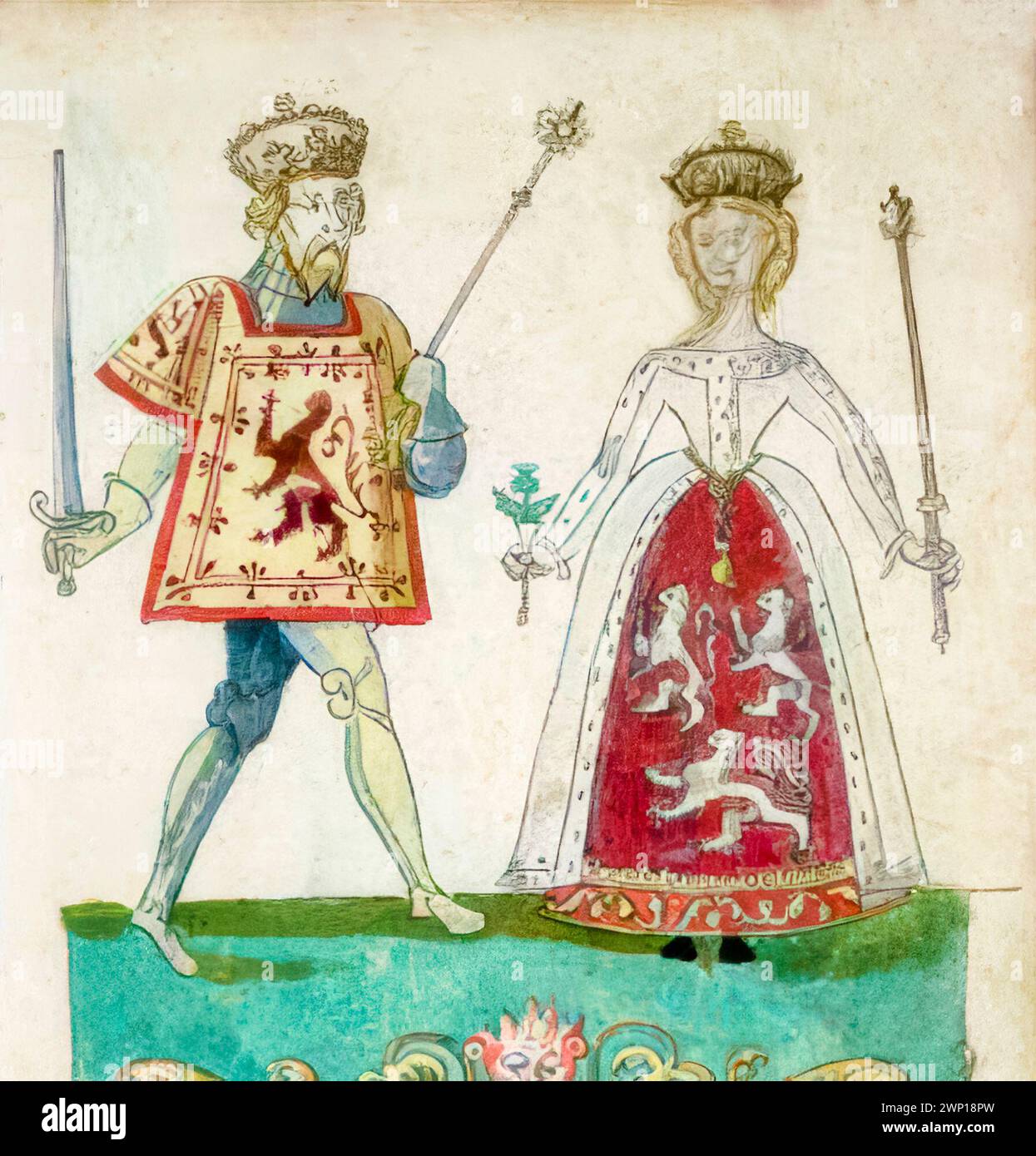 Robert II. (1316–1390) König der Schotten, 1371–1390, erster Monarch des Hauses Stewart und seine zweite Frau Euphemia de Ross (1329–1386) Queen Consort of Scotland 1371–1386, illustriertes Porträtmalerei, um 1562 Stockfoto