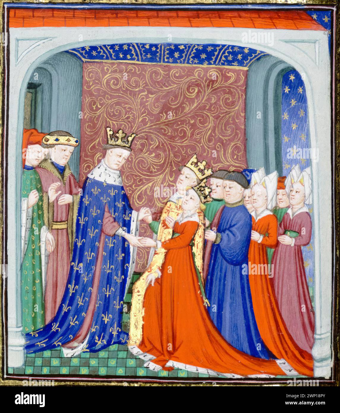 David II. Von Schottland (1324–1371), seine Frau, Joan of the Tower (1321–1362), Königin von Schottland, und König Philipp VI. Von Frankreich (1293–1350), illustriertes Handschriftengemälde von Jean Froissart, vor 1499 Stockfoto