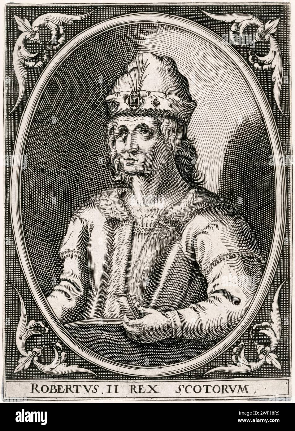 König Robert II. Von Schottland (1316–1390), König von Schotten, 1371–1390, erster Monarch des Hauses Stewart, Porträtstich, 1602 Stockfoto