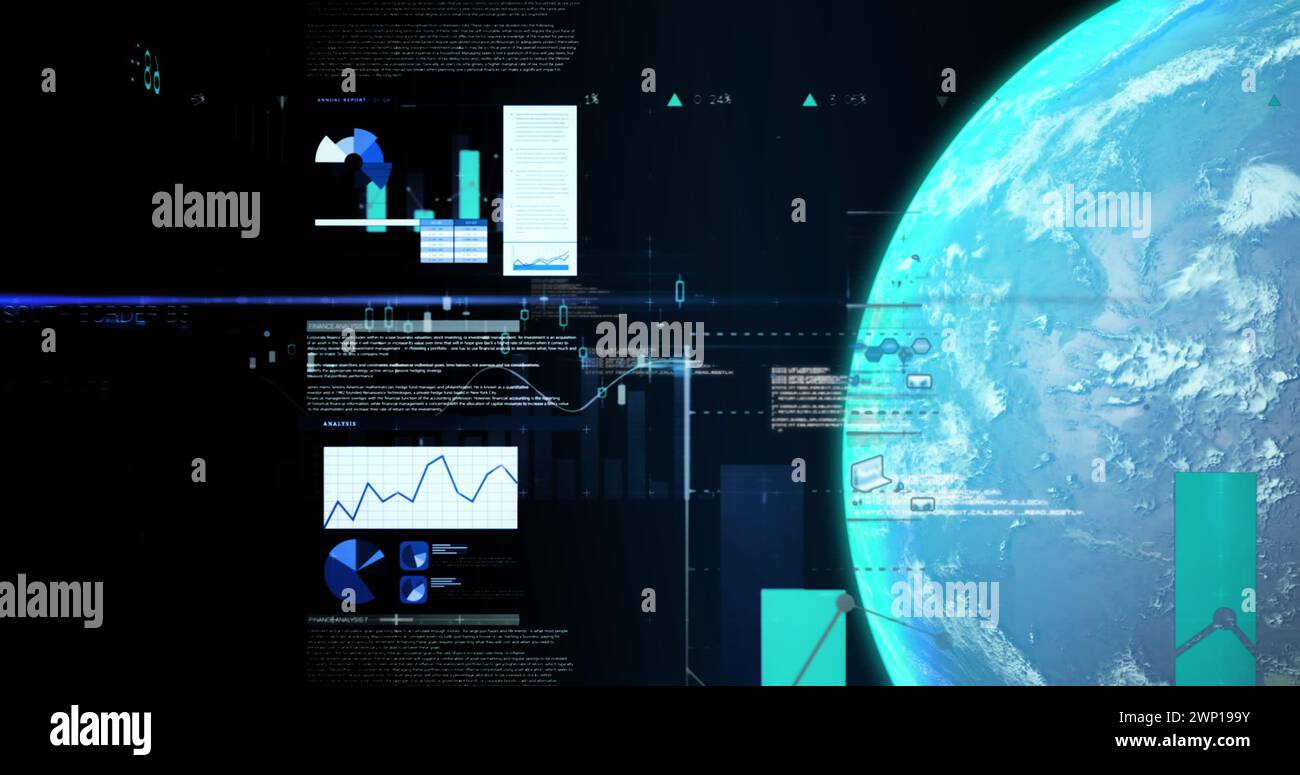 Abbildung von Diagrammen, Daten und Globus auf schwarzem Hintergrund Stockfoto