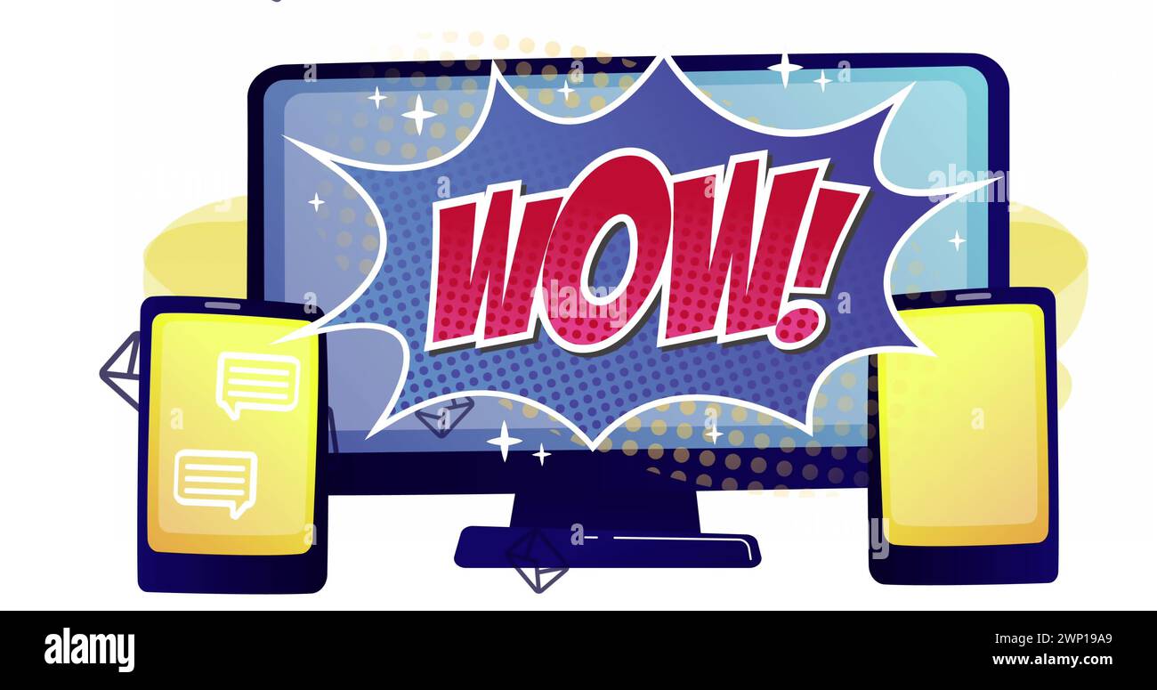 Bild des Wow-Textes in Retro-Sprechblase auf dem Computerbildschirm mit Tablets Stockfoto