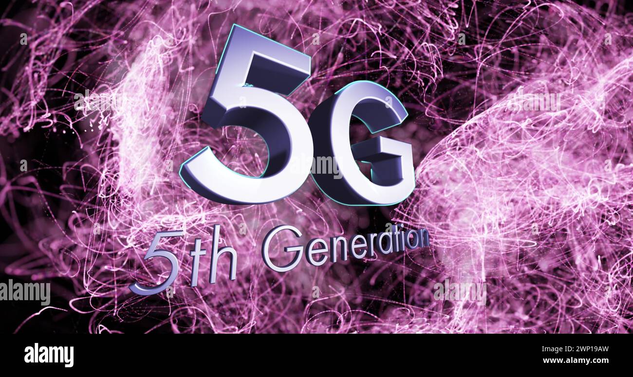 Digitales Bild mit 5g-Text vor digitalen Wellen auf schwarzem Hintergrund Stockfoto