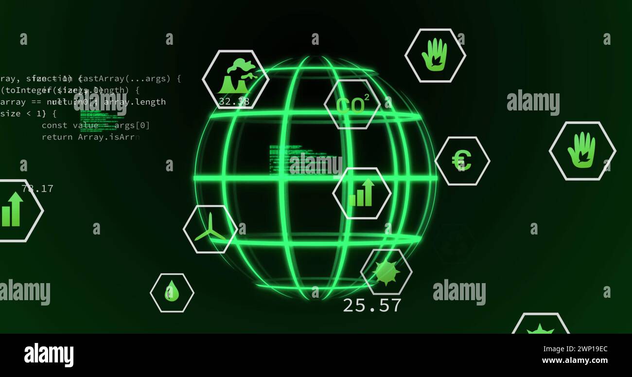 Bild von Symbolen, Daten und Globus auf schwarzem Hintergrund Stockfoto