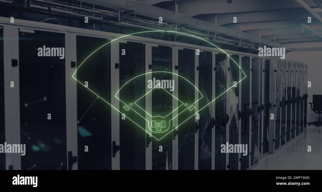 Bild des Neonstadions über dem Serverraum Stockfoto