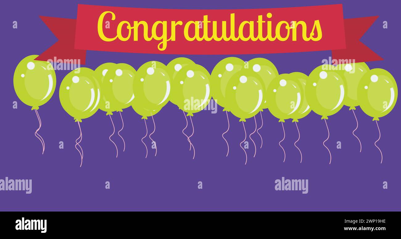 Bild des Glückwunschtextes über grünen Ballons auf violettem Hintergrund Stockfoto