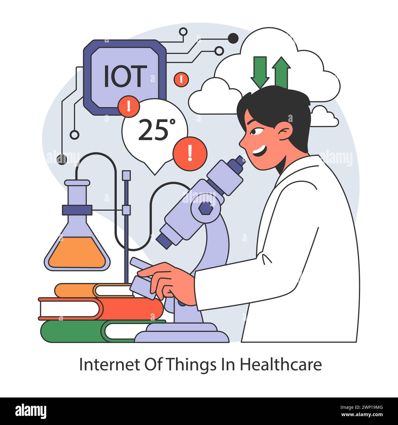 IoT im Gesundheitswesen Konzept. Wissenschaftler verbessern die Laborforschung mit intelligenter Technologie für Echtzeitdaten- und Prozessoptimierung. Illustration des flachen Vektors. Stock Vektor
