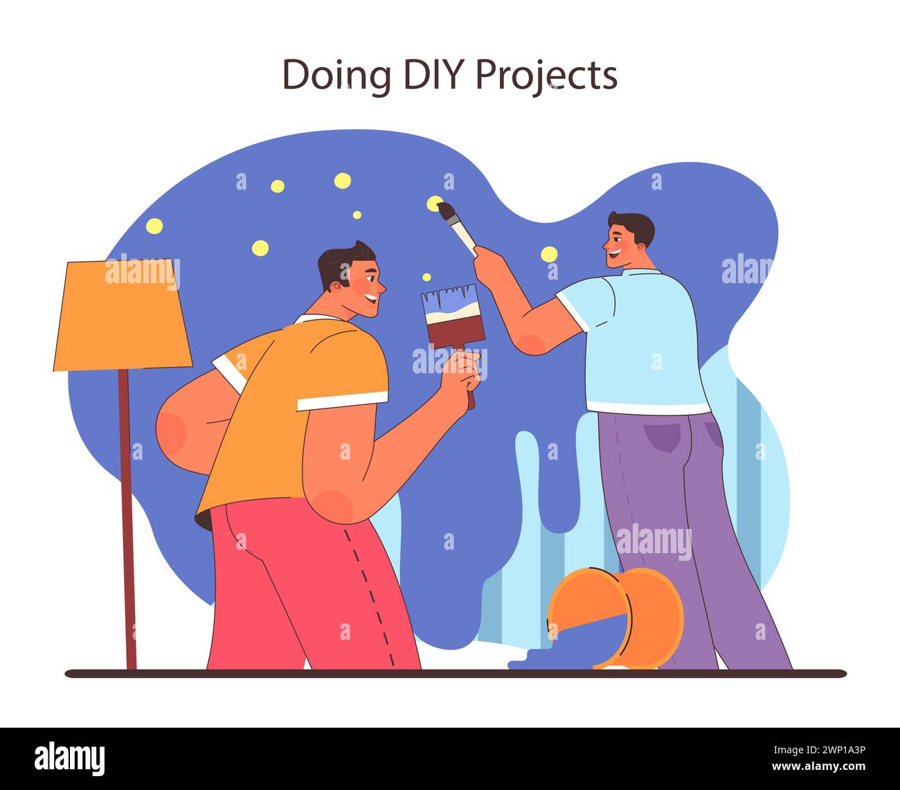 Konzept für Heimwerkerprojekte. Freunde, die sich mit Farbe und Pinsel für die Verbesserung ihres Zuhauses einsetzen. Teamarbeit bei der Herstellung und Kreativität. Freude an der gemeinsamen Renovierung. Illustration des flachen Vektors. Stock Vektor