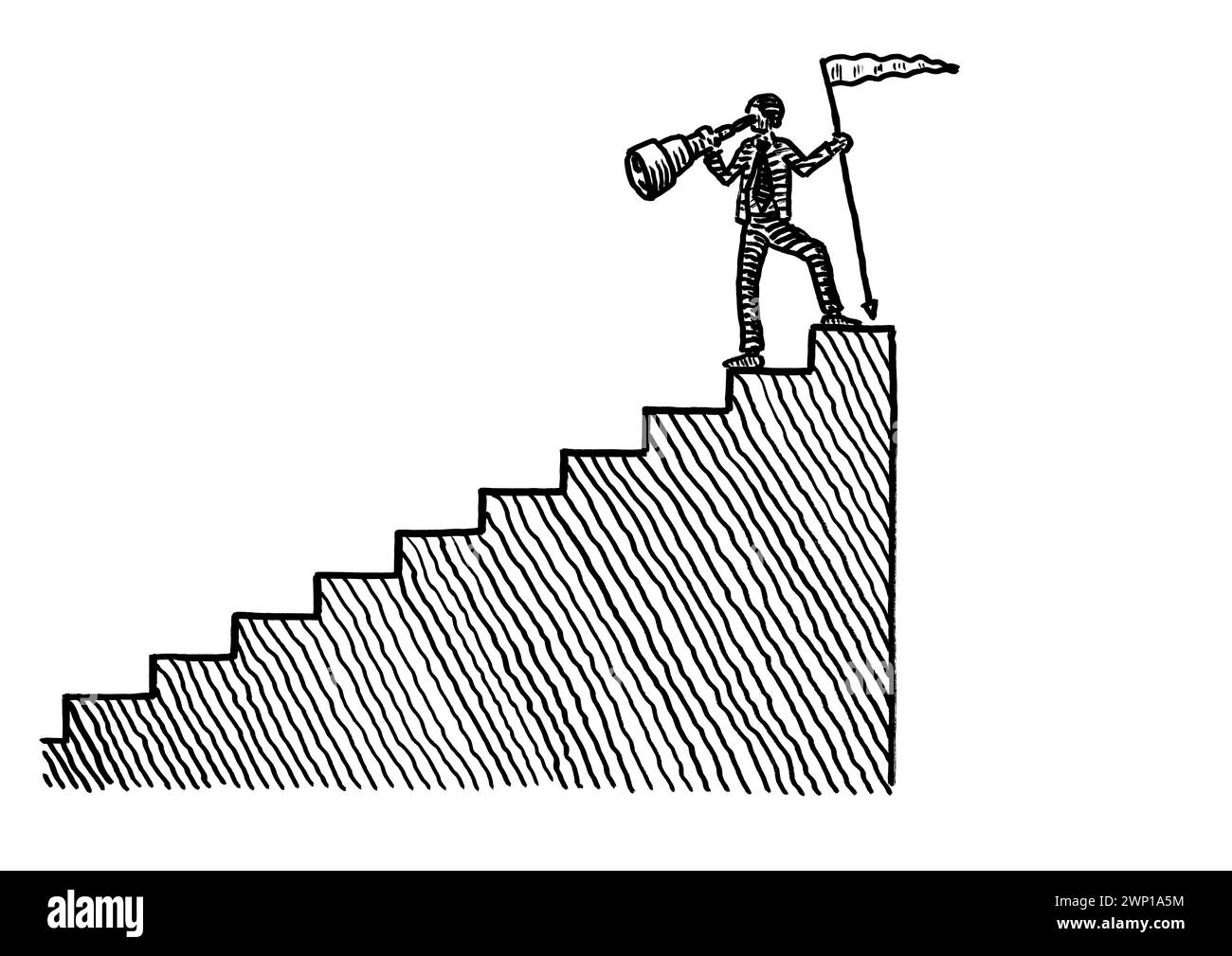 Freihändige Zeichnung eines Geschäftsmannes auf einer Treppe, der eine Gipfelfahne pflanzt und durch ein Handteleskop nach unten blickt. Metapher für AC Stockfoto