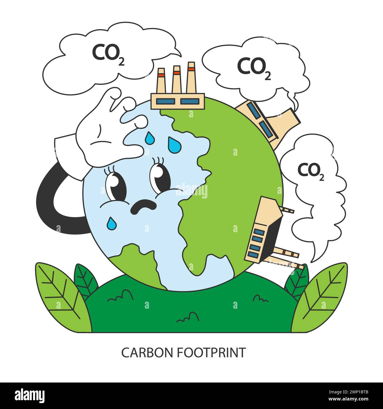 CO2-Emissionen. Kohlendioxid-Luftverschmutzung. Produktion mit Treibhausgasen. Globale Erwärmungskrise. Fabrikschornstein mit Rauchwolke. Illustration des flachen Vektors Stock Vektor