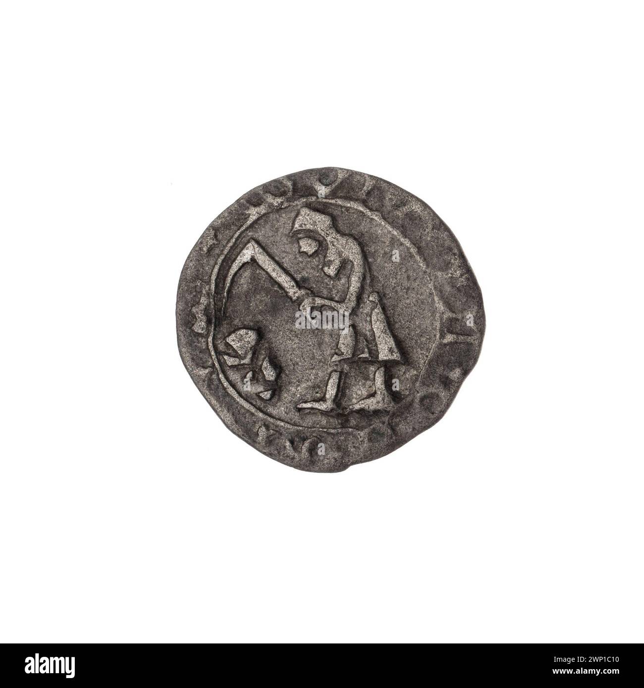 Heller-Münze, die nach 1438 ausgegeben wurde, mit Bergarbeiterikonographie und Adlern, die in der Stadtprägung verwendet wurden. Stockfoto