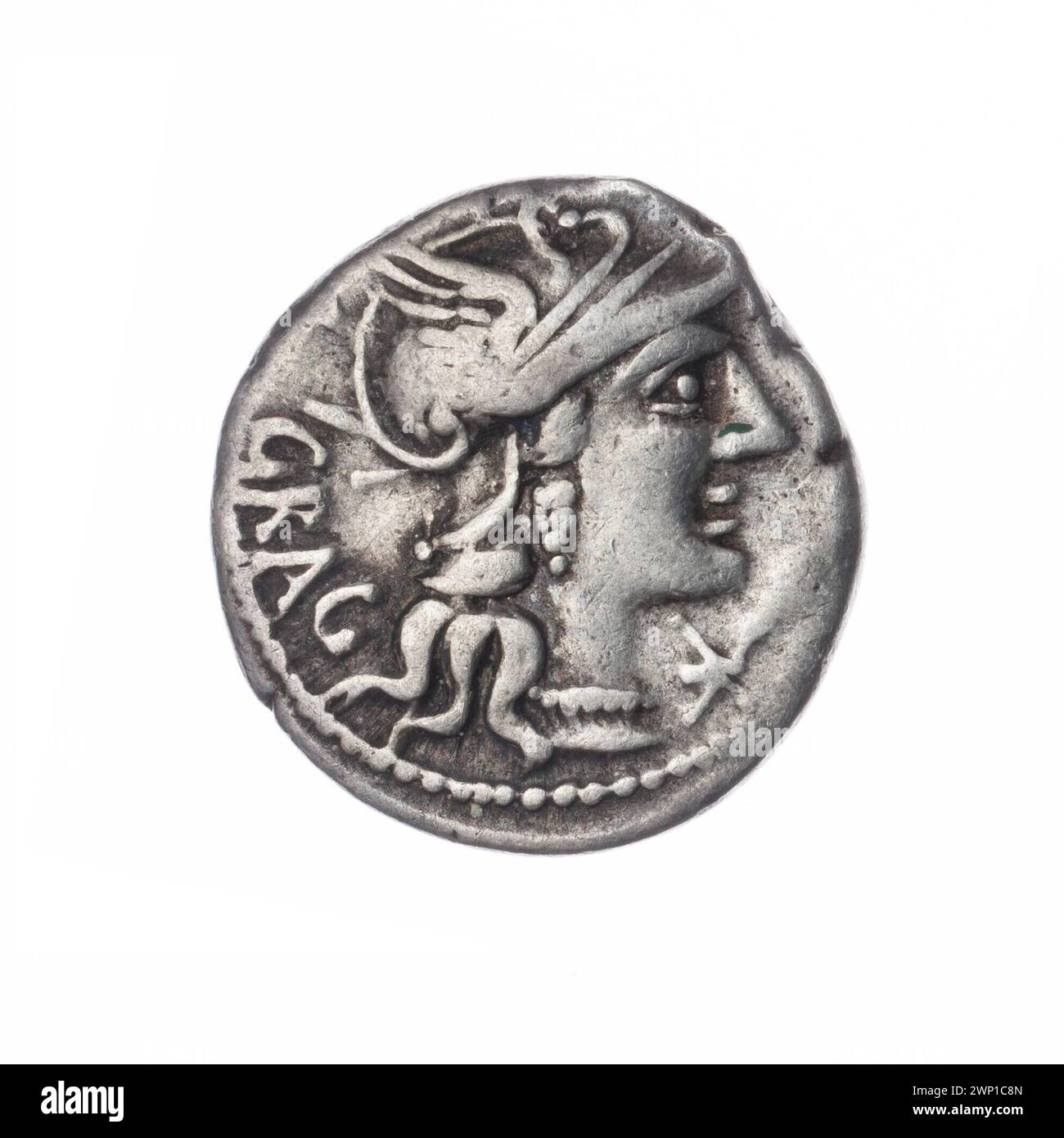 Denar; Antestius Gragulus, L. (fl. 136 n. Chr.); 136 v. Chr. (-136-00-00--136-00); Jupiter (mitol.), Jupiter auf einem Quadrat (iconogr.), Roma (mitol.), Schrift (Attribut), Geschenk (Provenienz), Roma Kopf im Helm (iconogr.), Pferde, Quadriga, Blitz (Attribut) Stockfoto