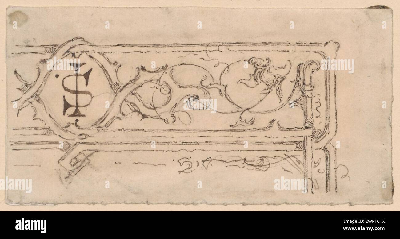 Dekoratives Rahmendesign; Scholtz, Julius (1825-1893); um 1850 (1845-00-00-1855-00);Schlesisches Museum der Bildenden Künste (Wrocław - 1880-1945) - Sammlung, Scholtz, Hanna (Flow. CA 1912) - dar, Monogramme, Ornamente, Vignettenprojekte, deutsche Zeichnungen, Vignetten (Dekorationen) Stockfoto