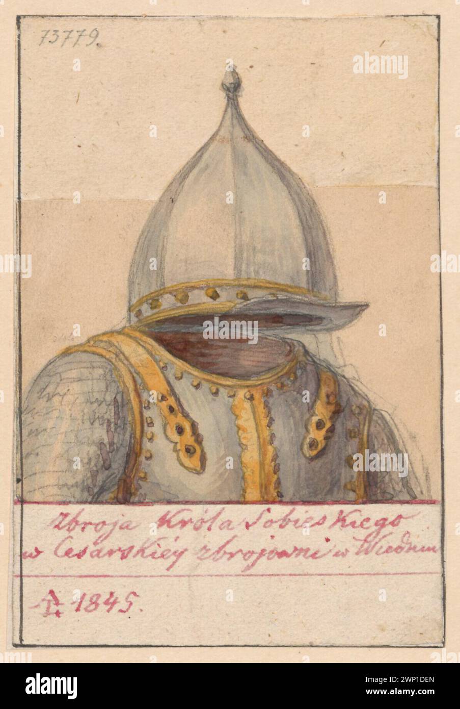 Ein Fragment der Rüstung von König Jan III. Sobieski in der Sammlung der kaiserlichen Rüstung in Wien; kleiner, Aleksander (1814-1884); 1845 (1845-00-00-1845-00);Jan III. Sobieski (König von Polen - 1629-1696) - Ikonographie, Kazimierz (Bezirk Kraków), Lesser, Aleksander (1814-1884), Lesser, Wiktor Stanisław Zygmunt (Baron - 1853-1935), Wien (Österreich), kaiserliche Armee (Wien), dar (Provenienz), Karazenen (Rüstung, Militaria), Kirche St. Jana (Vilnius), Militaria, Polonica, Handwerk, Sobiesciana, Rüstung, Ritterrüstung Stockfoto