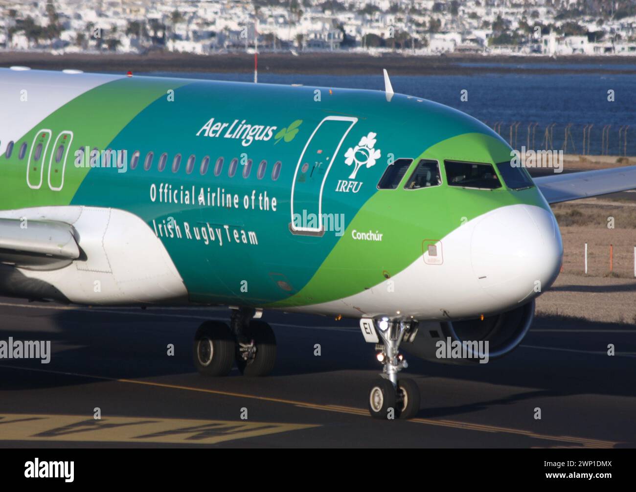 Ein Airbus A320 von Aer Lingus in einem Sonderprogramm, das das irische Rugby Union Team anpreist, das hier am Flughafen Lanzarote zu sehen ist Stockfoto