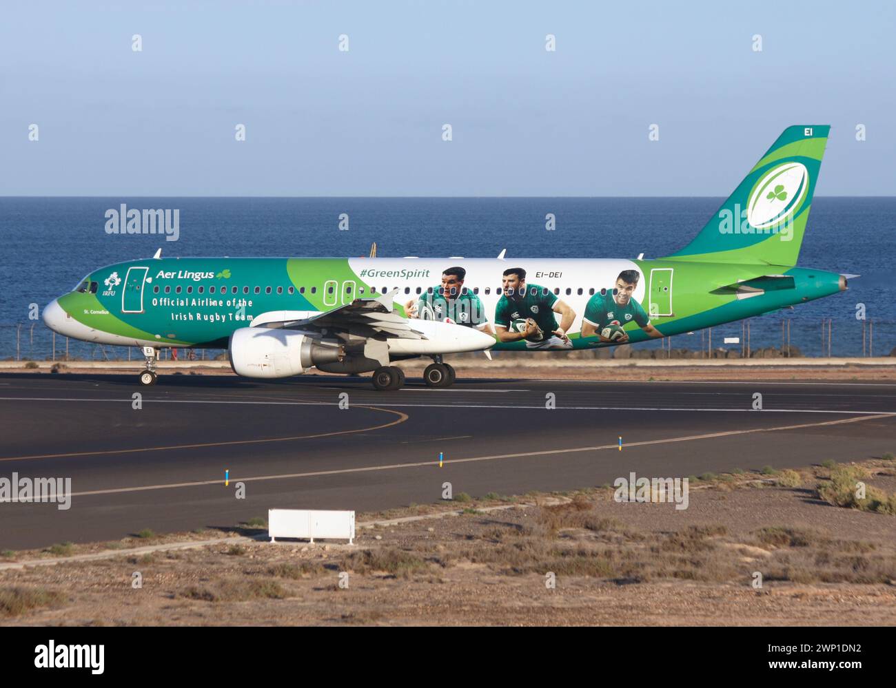 Ein Airbus A320 von Aer Lingus in einem Sonderprogramm, das das irische Rugby Union Team anpreist, das hier am Flughafen Lanzarote zu sehen ist Stockfoto