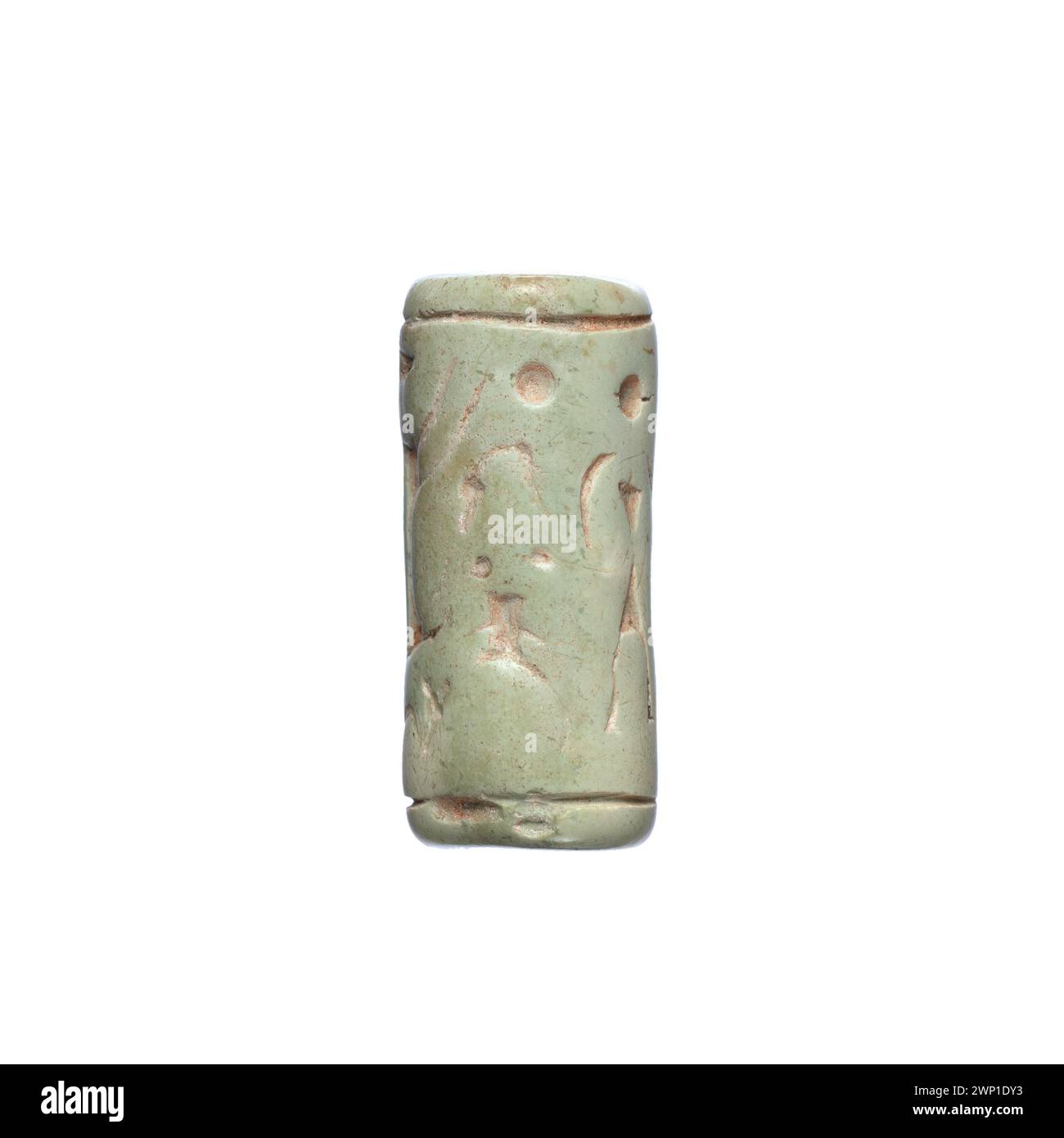 Zylindrischer Backstempel aus dem 15. Bis 14. Jahrhundert v. Chr. auf Zypern mit rituellen Szenen und Füllelementen im linearen Stil. Teil der Sammlungen von Maria Ludwika Czartoryska und Izabela Działyńska, mit dokumentierter Provenienz. Stockfoto