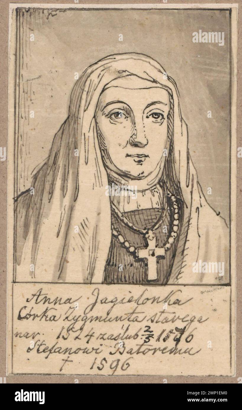 Dieses Porträt aus dem 16. Jahrhundert reproduziert Gilliam van der Gouwens Stich der polnischen Königin Anna Jagiellonka. Er wurde von Aleksander Lesser ausgeführt und zeigt Kleidung, Gewohnheiten und ikonografische Merkmale der Königin. Als Teil der Sammlungen Lesser und Wiktor Stanisław Zygmunt Lesser sind Porträtweibchen und historische polnische Persönlichkeiten dargestellt. Stockfoto