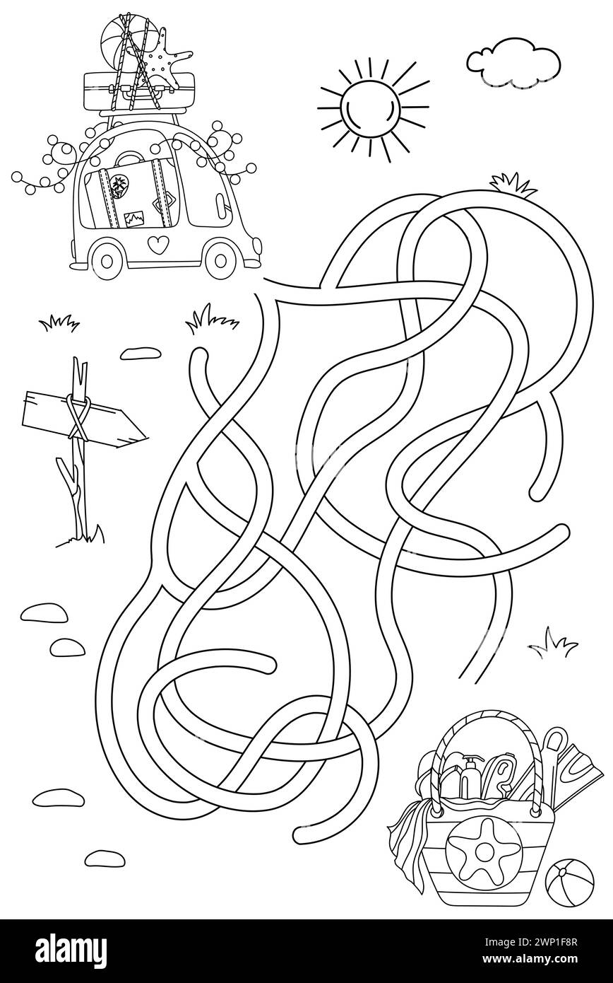 Hilf Dem Kleinen Auto, Ihren Urlaub Zu Erreichen, Auf Dieser Bildungs-Labyrinth-Malseite Für Kinder Stock Vektor