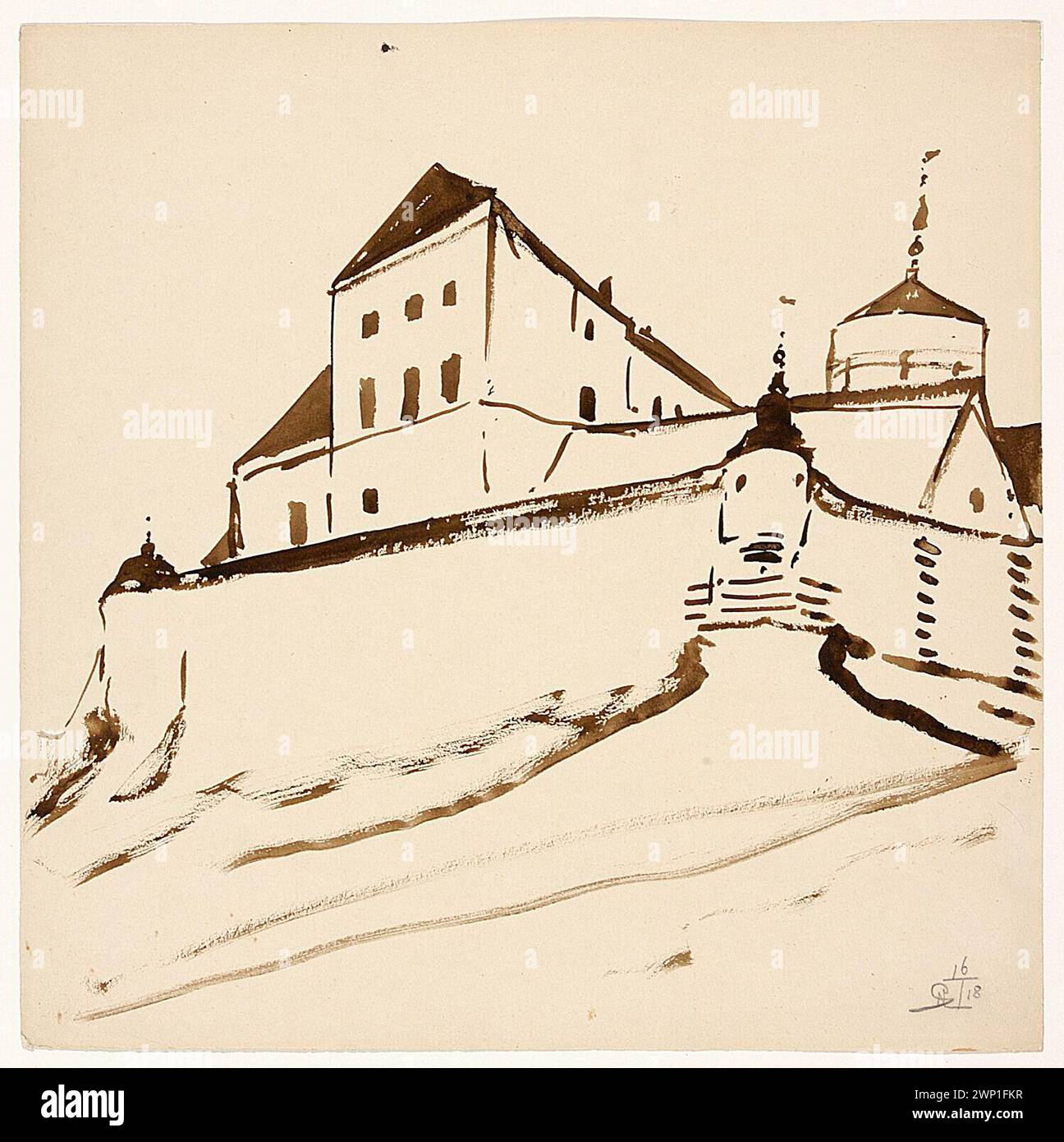 Zeichnung von Stanisław Noakowski aus dem Jahr 1918, die eine polnische Burg mit Wachen auf Verteidigungsmauern und einem runden Turm zeigt, der architektonische Fantasie und barocke Einflüsse widerspiegelt, die in der Sammlung des Nationalen Kulturfonds aufbewahrt werden. Stockfoto