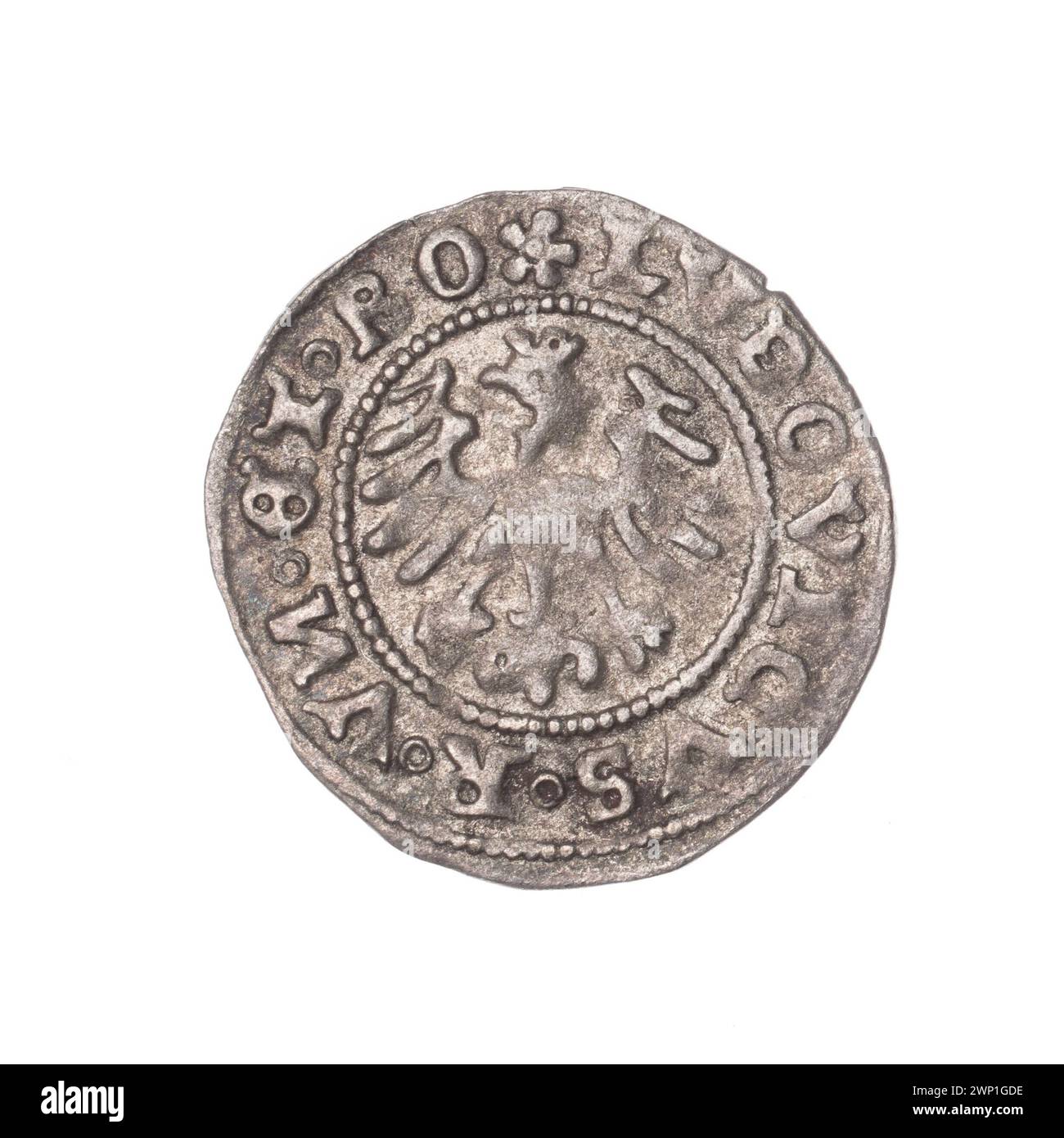 Eine 1526-Penny-Münze aus der Regierungszeit Ludwik Jagiello, mit gekrönten Adlern und Heraldik der Stadt, verbunden mit der Prägung von Świdnicki. Stockfoto