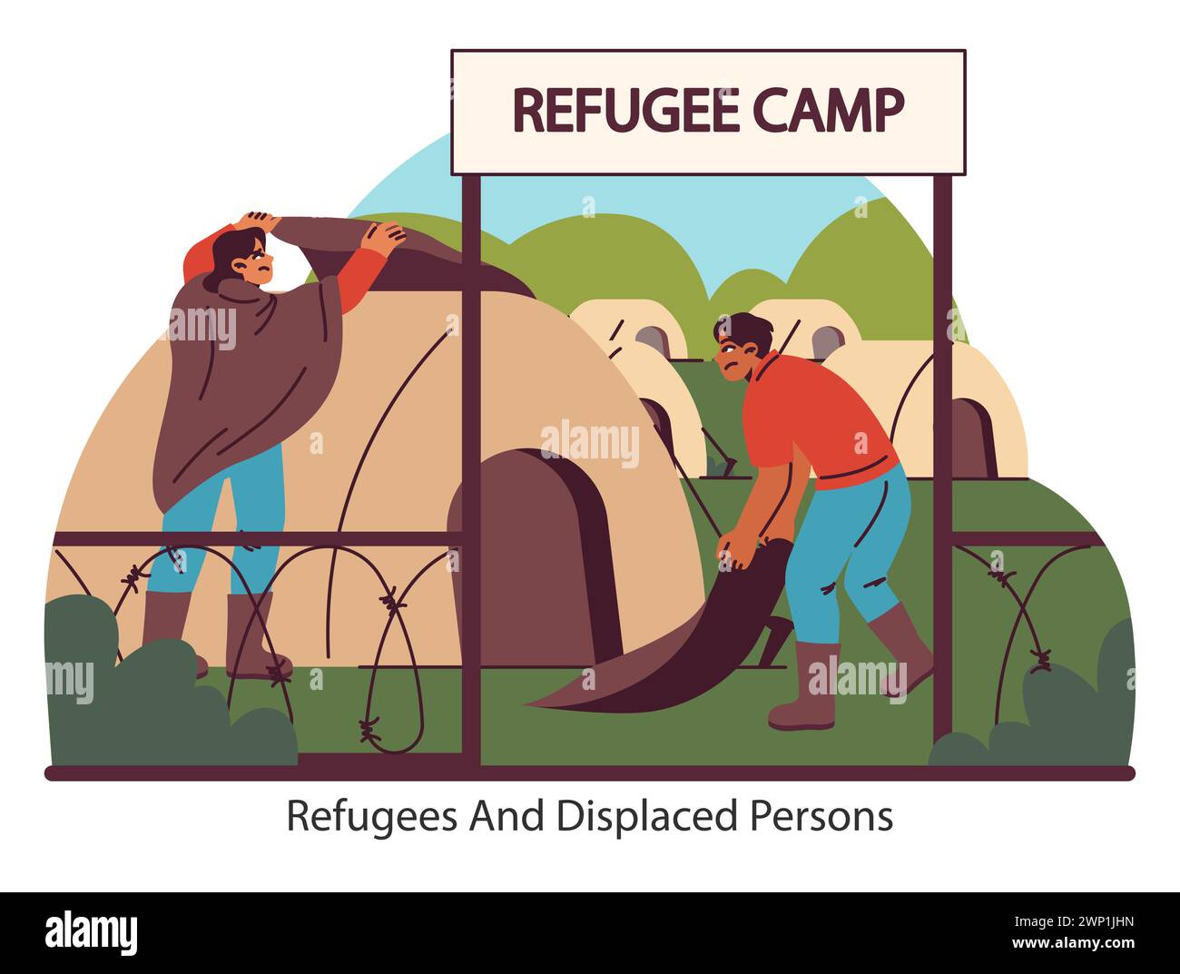 Humanitäre Krisensituation. Personen in einem Flüchtlingslager suchen Zuflucht und Sicherheit. Die harte Realität der Vertreibung und der Suche nach Zuflucht. Illustration des flachen Vektors. Stock Vektor