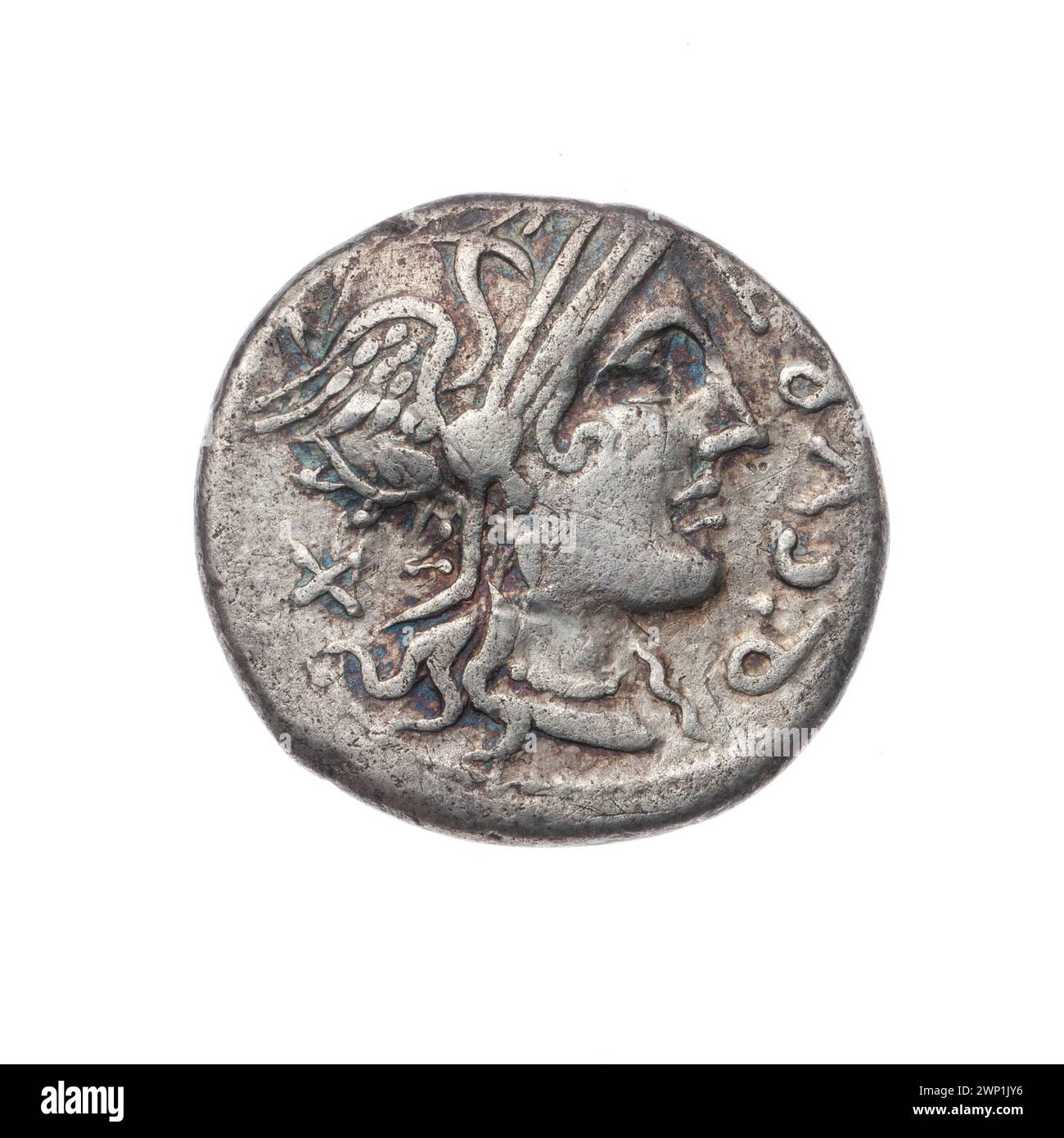 Denar; Curtius, Q. (fl. 116-115 n. Chr.), Silanus, M. (FL. 116-115 n. Chr.); 116-115 v. Chr. (116-00-00-115-00); Jupiter (mitol.), Jupiter auf einem Platz (iconogr.), Roma (mitol.), Schrift (Attribut), Geschenk (Provenienz), Kopf der Roma in einem Helm (iconogr.), Helme, Quadrigas, Pferde Lightning (Attribut ) Stockfoto