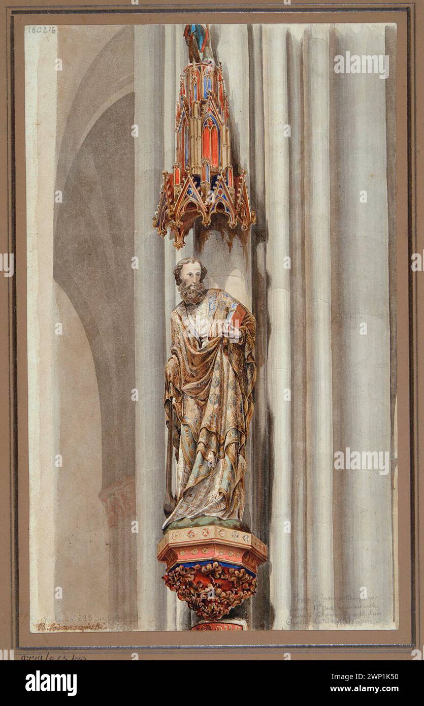 Eine Zeichnung von Bolesław Podczaszyński aus dem Jahr 1844, die eine gotische Skulptur des Heiligen Jakobus des Jüngeren im Kölner Dom in der Sammlung von Mathias Bersohn und der Warschauer Gesellschaft zur Förderung der bildenden Kunst darstellt. Stockfoto