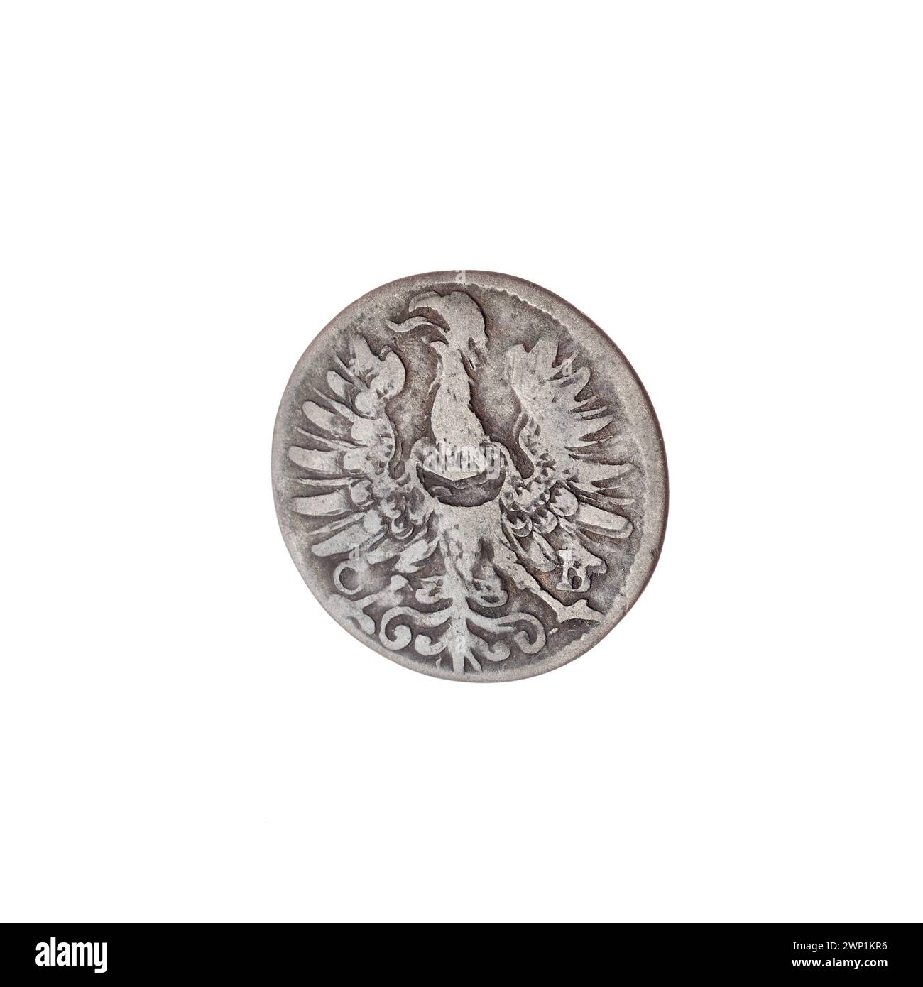 Penny-Münze aus dem Jahr 1673 mit Ludwika Anhalcka, Regentin von Legnica-Brzeska, entworfen von Christoph Brettschneider. Zeigt Wappen von Legnica und Brest, Schlesischen Adler, Buchstaben C-B und Wappenschilder unter der Fürstenmiter, Teil einer Provenienzsammlung. Stockfoto