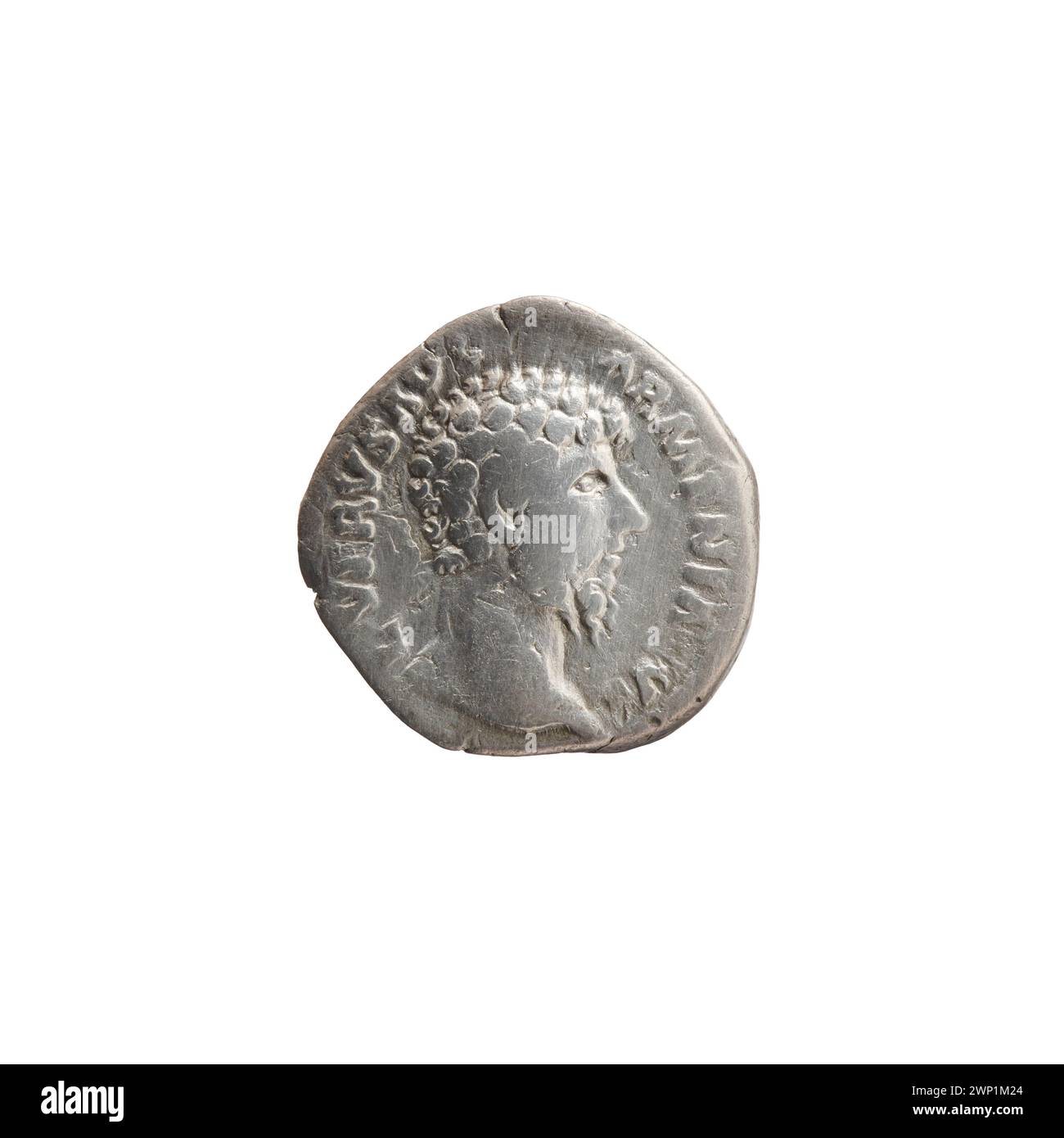 Denar-Münze von 163–164 n. Chr. mit Darstellung des römischen Kaisers Lucius Verus, der Silberprägungen und Prägetechniken der Mitte des 2. Jahrhunderts zeigt. Stockfoto
