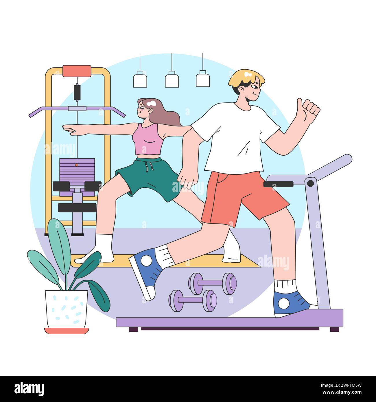 Fitness-Studio-basiertes Büro-Pausenkonzept. Ein Paar, das sich mit Laufband- und Kraftstationen in entspannenden Innenräumen entspannen kann. Energiegeladene Flucht vor Schreibtischaufgaben. Illustration des flachen Vektors Stock Vektor