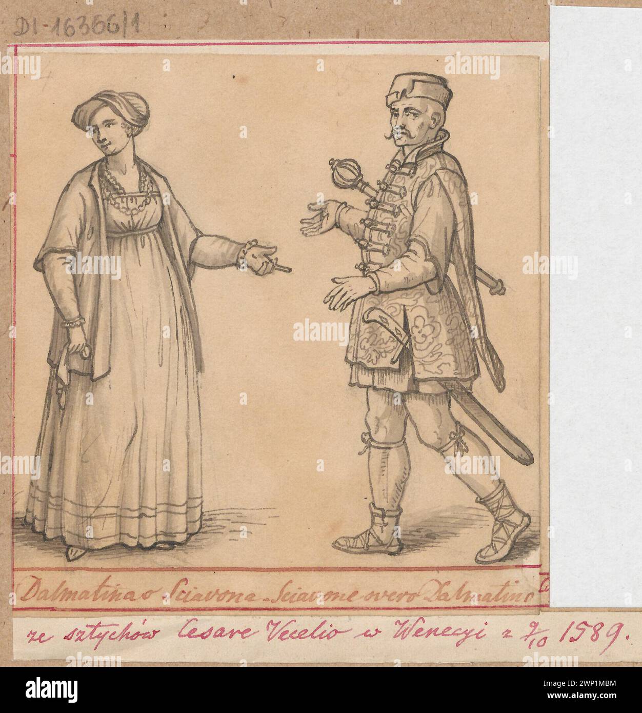 Mróna und eine Frau in Kostümen aus dem 2. 16. Jahrhundert, nach Stichen Cesare Vecellio aus Habiti Antichi von 1589; Lesser, Aleksander (1814-1884), Vecellio, Cesare (1521-1601); um 1837 (-00-00--00);Lesser, Aleksander (1814-1884), Lesser, Aleksander (1814-1884) - Sammlungen, Lesser, Wiktor Stanisław Zygmunt (Baron - 1853-1935), Lesser, Wiktor Stanisław Zygmunt (Baron - 1853-1935) - Sammlung, Lesser, Wiktor Stanisław Zygmunt - Sammlungen von Aleksander Lessellier - dar, Vecarianer - 1521, Vecarianer (1601, Vecarianer, Vecarianer (1830-1846 ...) dar, dar (Provenienz), Grafik (Kunst Stockfoto