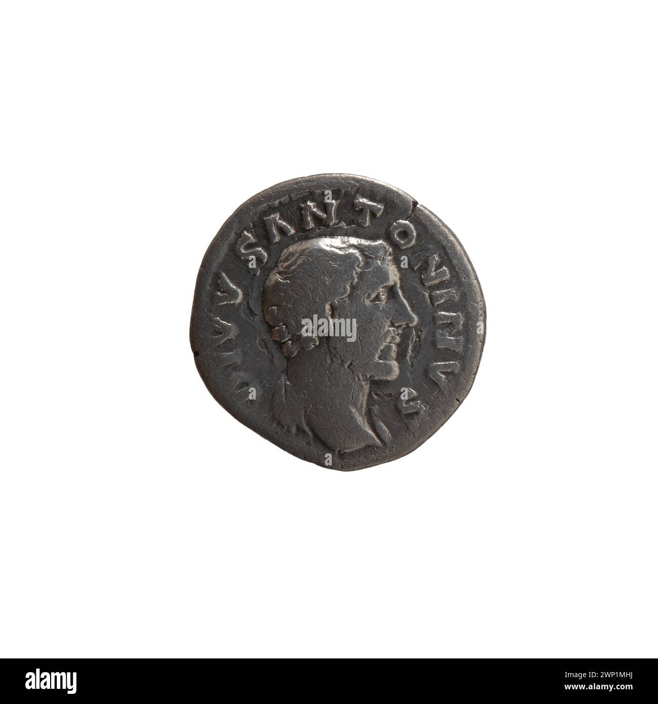 Silbermünze des Denars, geprägt nach 161 n. Chr., zeigt Kaiser Marcus Aurelius, Lucius Verus und Antoninus Pius, die während des Römischen Reiches als gesetzliches Zahlungsmittel zirkulierten. Stockfoto