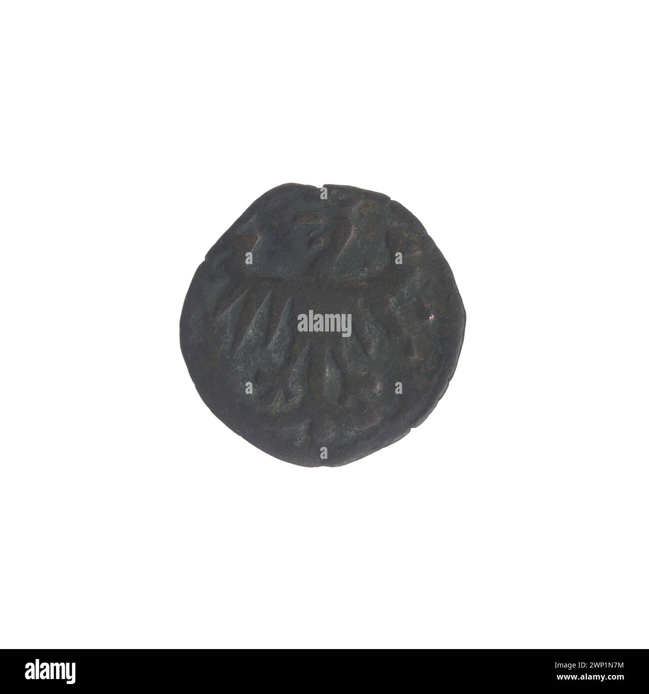 Denar-Münze, die während der Regierungszeit von König Władysław II. Jagiełło von Polen von 1386 bis 1434 ausgegeben wurde und die mittelalterliche europäische Währung repräsentiert. Stockfoto