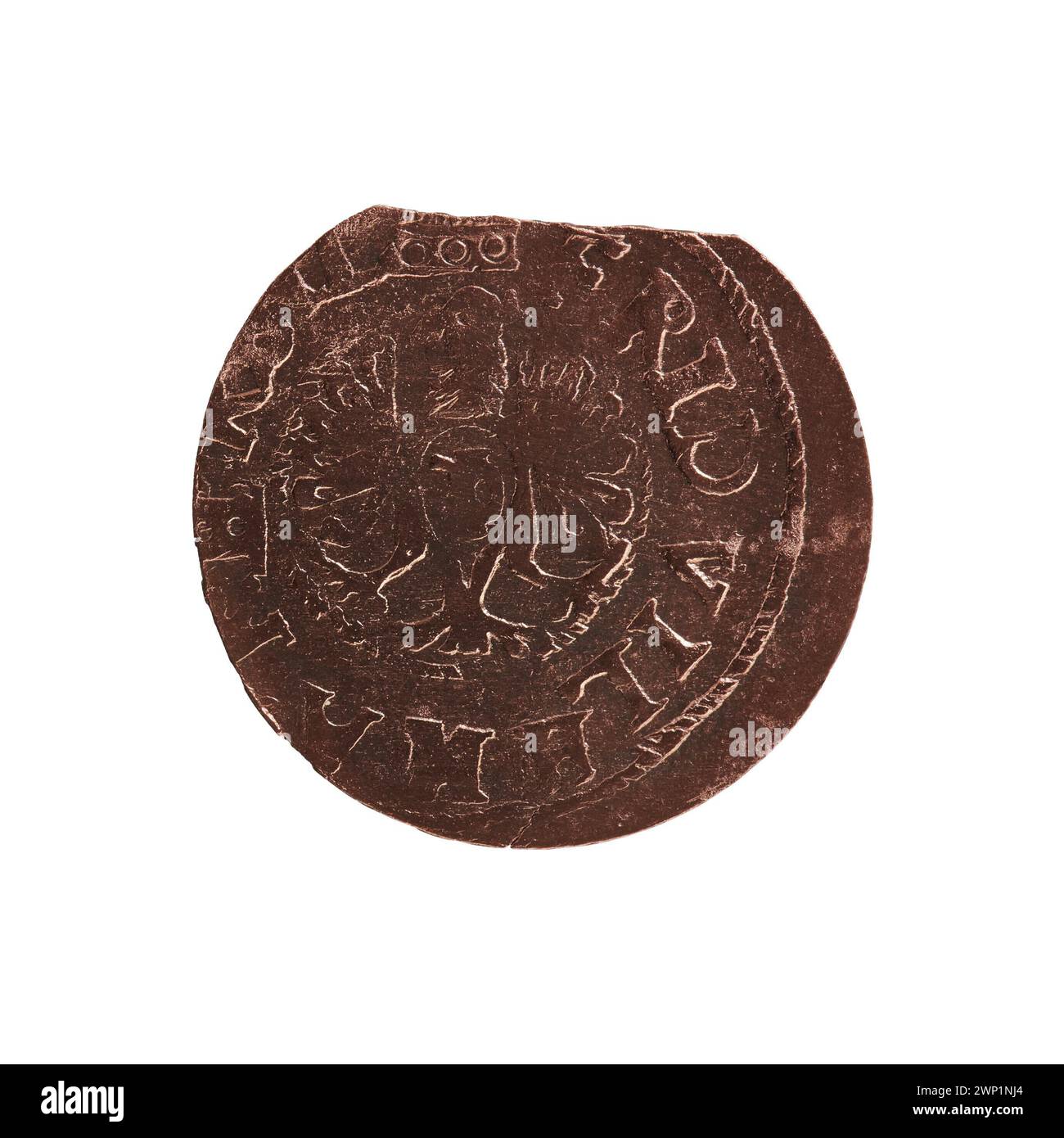 Eine Münze mit der Bezeichnung „Era Fause“ aus dem 16. Jahrhundert, die historische europäische Münzprägepraxis repräsentiert. Stockfoto