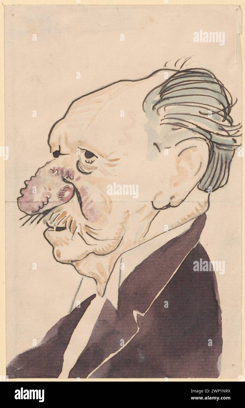 Karikatur des Schriftstellers Gerhart Hauptmann von Eduard Kaempffer um 1920 zur Darstellung des modernistischen Zeichenstils, die in der Sammlung des Schlesischen Museums der Bildenden Künste in Wrocław enthalten ist. Stockfoto