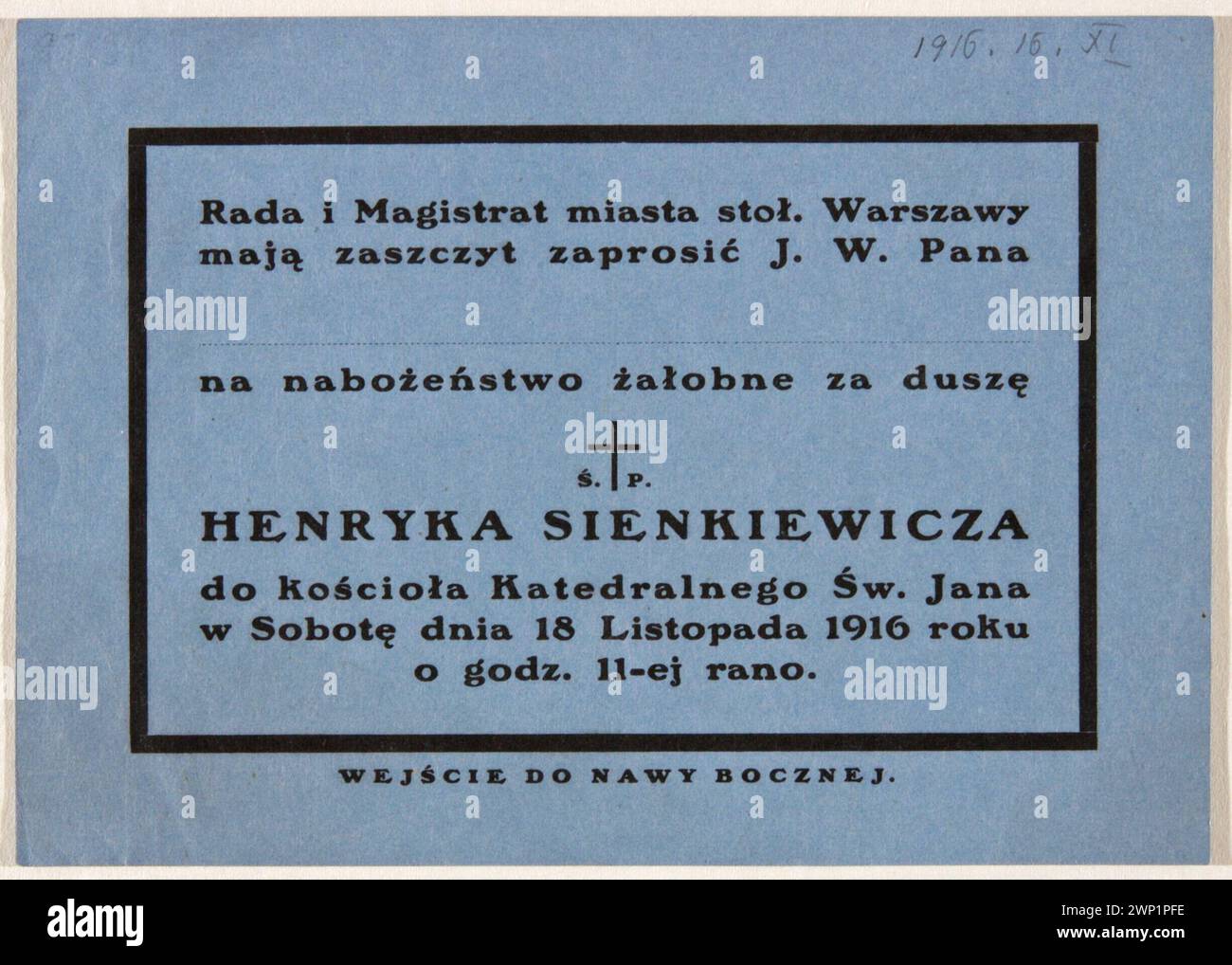 Einladung zum Gedenkgottesdienst für Henryk Sienkiewicz am 18. November 1916 in der St. Johannes-Baptisten-Kathedrale in Warschau, organisiert vom Stadtmagistrat, aufbewahrt im Museum für Industrie und Landwirtschaft. Stockfoto