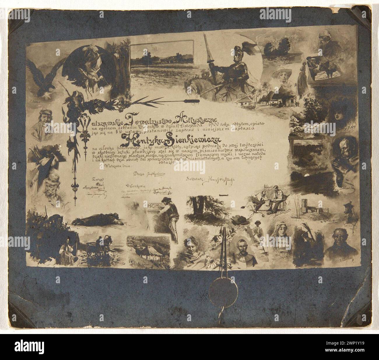 Fotografie von Henryk Sienkiewicz's Diplom, das am 17. November 1900 von der Warschauer Künstlerischen Gesellschaft ausgestellt wurde und seine Ehrenmitgliedschaft dokumentiert, aufbewahrt in literarischen Sammlungen und Presseausschnitten. Stockfoto