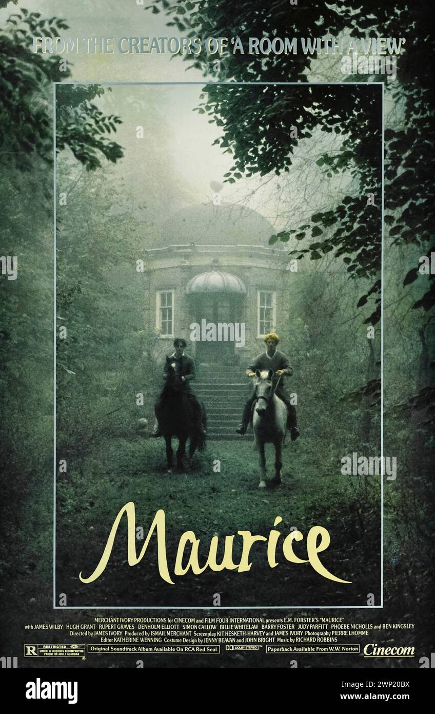 Maurice (1987) unter der Regie von James Ivory mit James Wilby, Rupert Graves und Hugh Grant in den Hauptrollen. Adaption von E.M. Forsters posthum veröffentlichtem Roman über schwule Liebe in der restriktiven und unterdrückten Kultur des Edwardianischen Englands. Foto eines Original-Posters aus dem Jahr 1987 (US-1-Blatt). ***NUR REDAKTIONELLE VERWENDUNG*** Credit: BFA / Cinecom Stockfoto