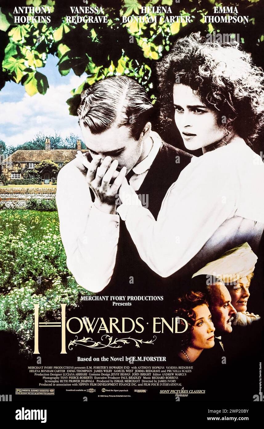Howards End (1992) von James Ivory mit Anthony Hopkins, Emma Thompson und Vanessa Redgrave. Die Adaption von E.M. Forsters Roman über Klassenunterschiede und problematische Beziehungen beeinflussen die Beziehung zwischen zwei Familien und den Besitz eines geliebten britischen Anwesens, bekannt als Howards End. Foto eines Original-Posters aus dem Jahr 1992 (US-1-Blatt). ***NUR REDAKTIONELLE VERWENDUNG*** Guthaben: BFA/Sony Pictures Classics Stockfoto