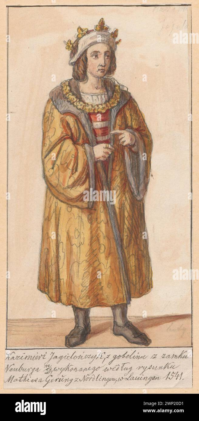 Wandteppiche von König Kazimierz Jagiello nach Mathias Gerüngs Zeichnung aus Nordlingen, ehemals auf Schloss Neuburg, Bayern. Das von Aleksander Lesser gemalte Werk zeigt die Figur des Königs, Herrenporträts und Textilhandwerkskunst, die polnische königliche Ikonographie und Kunstfertigkeit des 16. Jahrhunderts widerspiegelt. Stockfoto