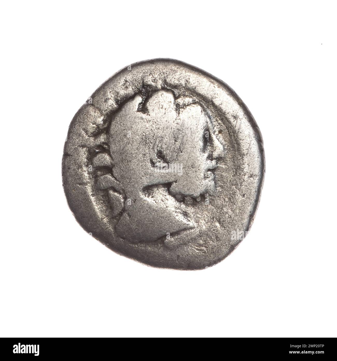 Ein römischer Denar aus dem Jahr 191-192, der Kaiser Commodus darstellt, mit Standard-kaiserlicher Ikonographie. Stockfoto