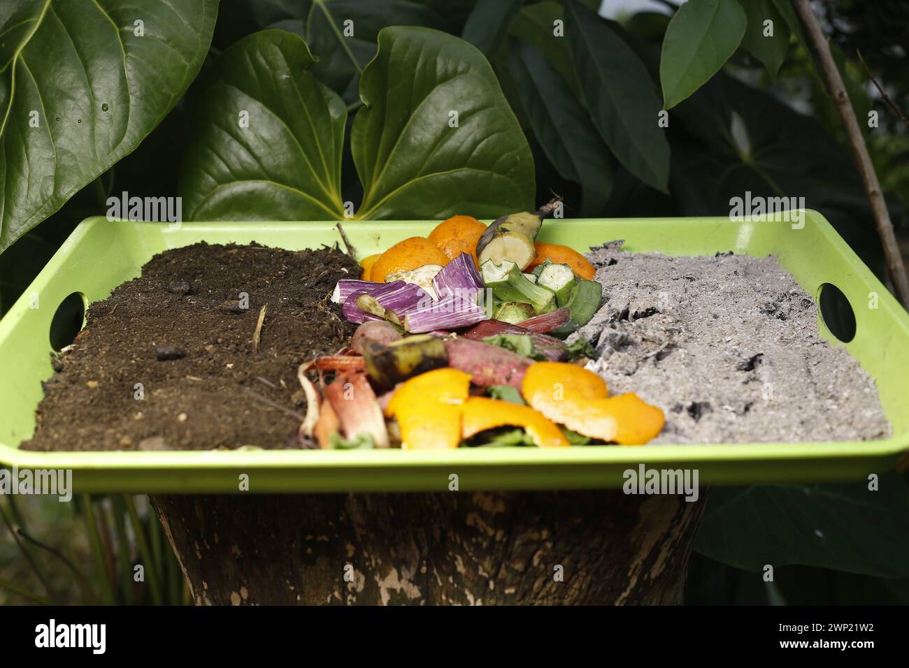 Kompost und Kompostierung Boden Zyklus als Kompostierung Haufen verrottenden Küche Botschaften mit Obst und Gemüse Müll aus Abfällen organisch düngen. Stockfoto