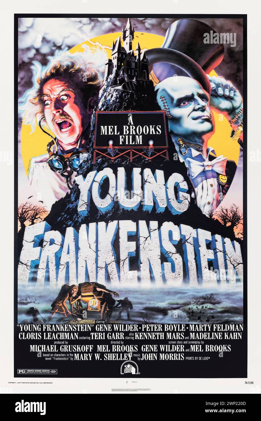 Young Frankenstein (1974) unter der Regie von Mel Brooks mit Gene Wilder, Madeline Kahn und Marty Feldman. Ein amerikanischer Enkel des berüchtigten Wissenschaftlers, der sich darum bemüht, zu beweisen, dass sein Großvater nicht so verrückt war, wie man glaubt, wird nach Siebenbürgen eingeladen, wo er den Prozess entdeckt, der eine Leiche reanimiert. Foto eines Original-Posters aus dem Jahr 1974 mit einem Blatt und einem Kunstwerk von John Alvin. ***NUR REDAKTIONELLE VERWENDUNG*** Credit: BFA / Twentieth Century Fox Stockfoto