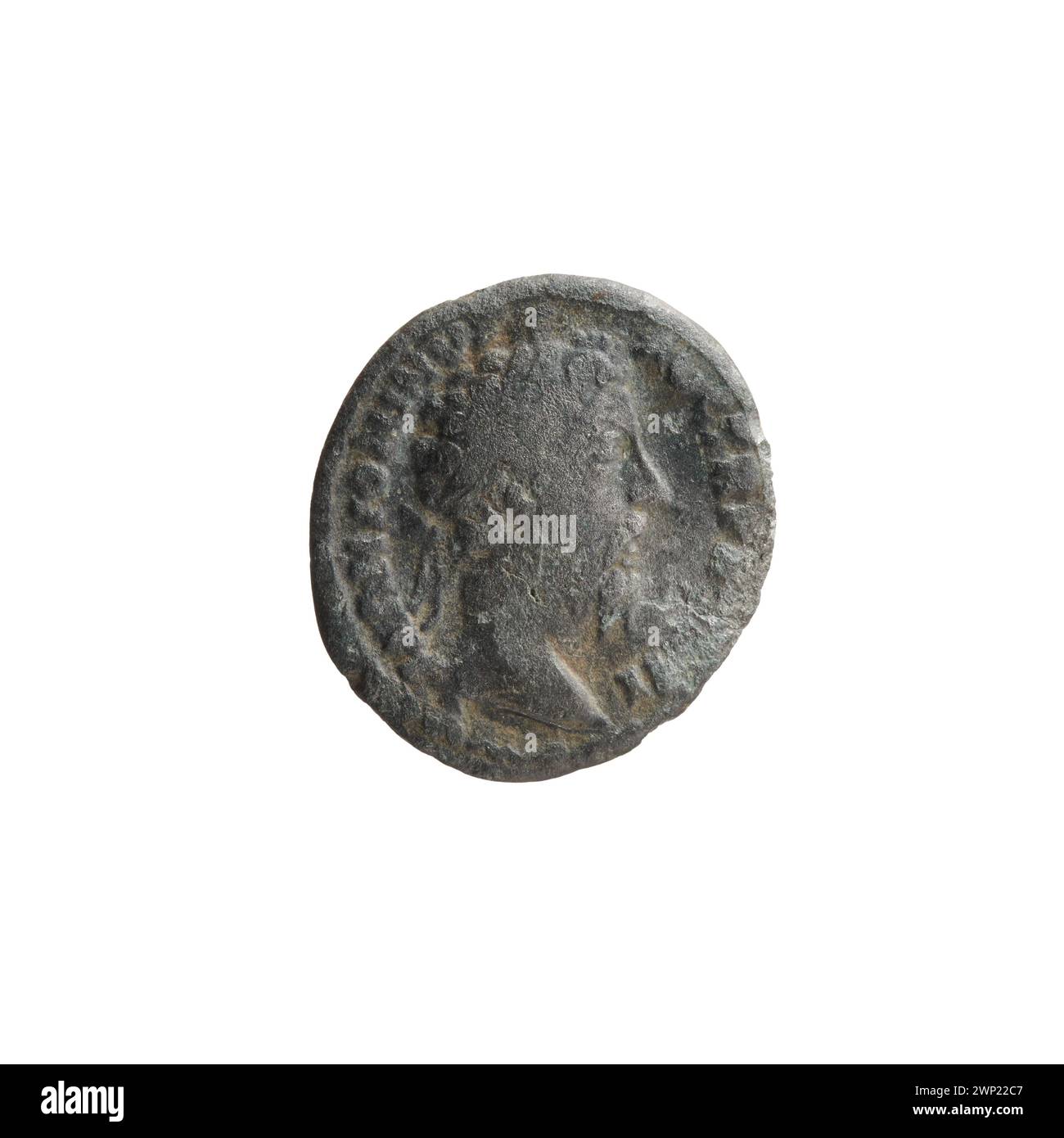 Ein Denar, ausgestellt zwischen 169 und 170 n. Chr. unter dem römischen Kaiser Marcus Aurelius, mit kaiserlichen Porträts, Inschriften und Silberlegierungen, die charakteristisch für die Münzprägung des 2. Jahrhunderts sind. Stockfoto