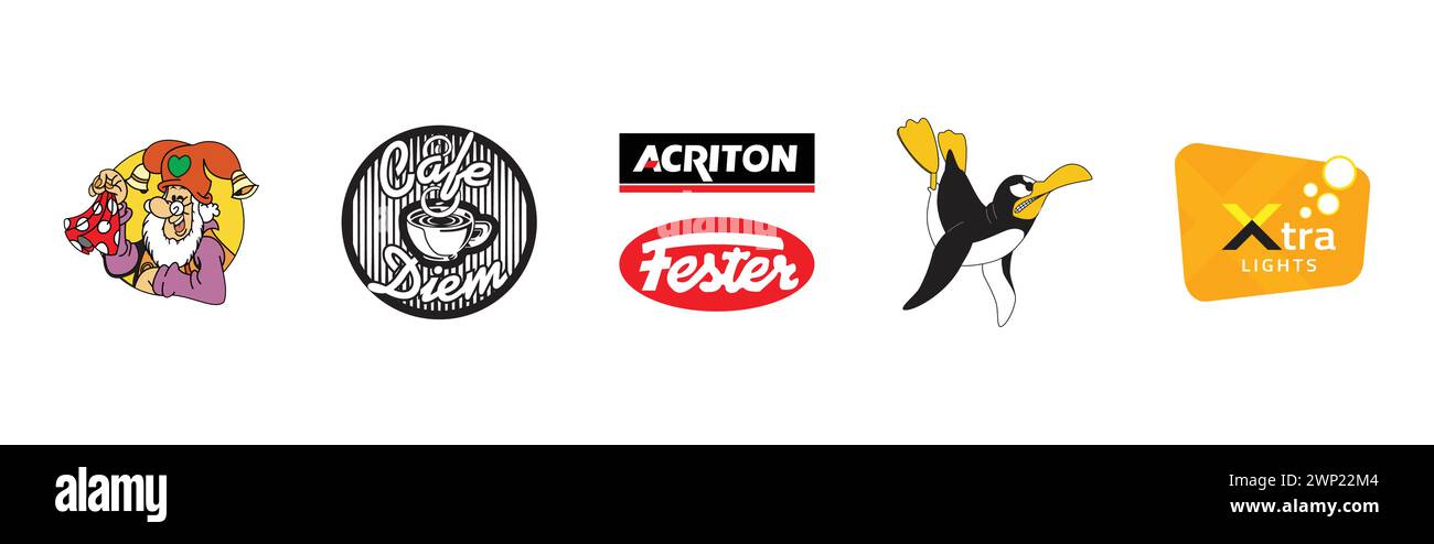 ACRITON, Xtra Lights Photography, Cafe Diem, Ariel, Plop. Redaktionelle Kunst und Design-Logokollektion. Stock Vektor