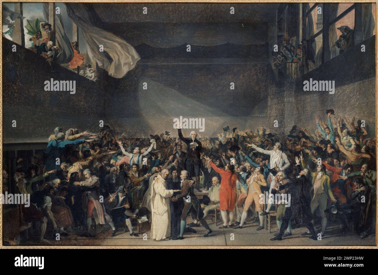 Le Serment du Jeu de paume (französisch: Le Serment du Jeu de paume) ist ein unvollständiges Gemälde von Jacques-Louis David, das zwischen 1790 und 1794 gemalt wurde und den Titelschwur auf dem Tennisplatz in Versailles, einem der wichtigsten Ereignisse der Französischen Revolution, zeigt. Stockfoto