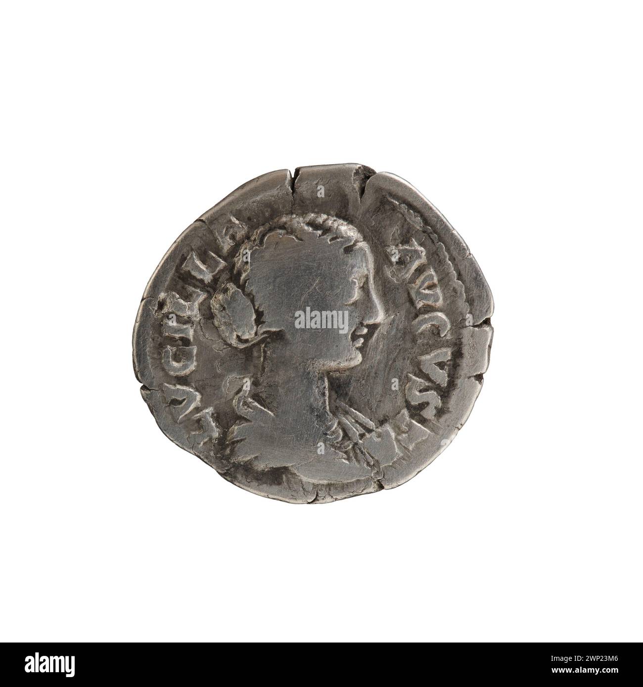 Silberdenar geprägt von 164–169 n. Chr. unter Lucius Verus und Kaiserin Lucilla, mit kaiserlichen Ikonographien und lateinischen Inschriften römischer Münzen aus der Mitte des 2. Jahrhunderts. Stockfoto