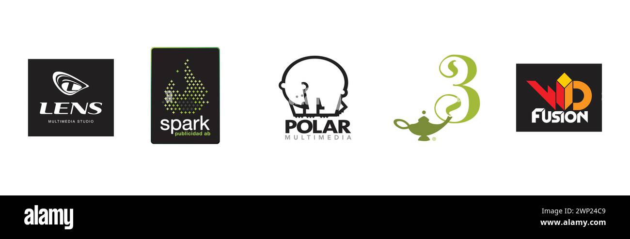 Polar Multimedia, Spark Publicidad, WD Fusion, OBJEKTIV, 3Deseos. Redaktionelle Kunst und Design-Logokollektion. Stock Vektor